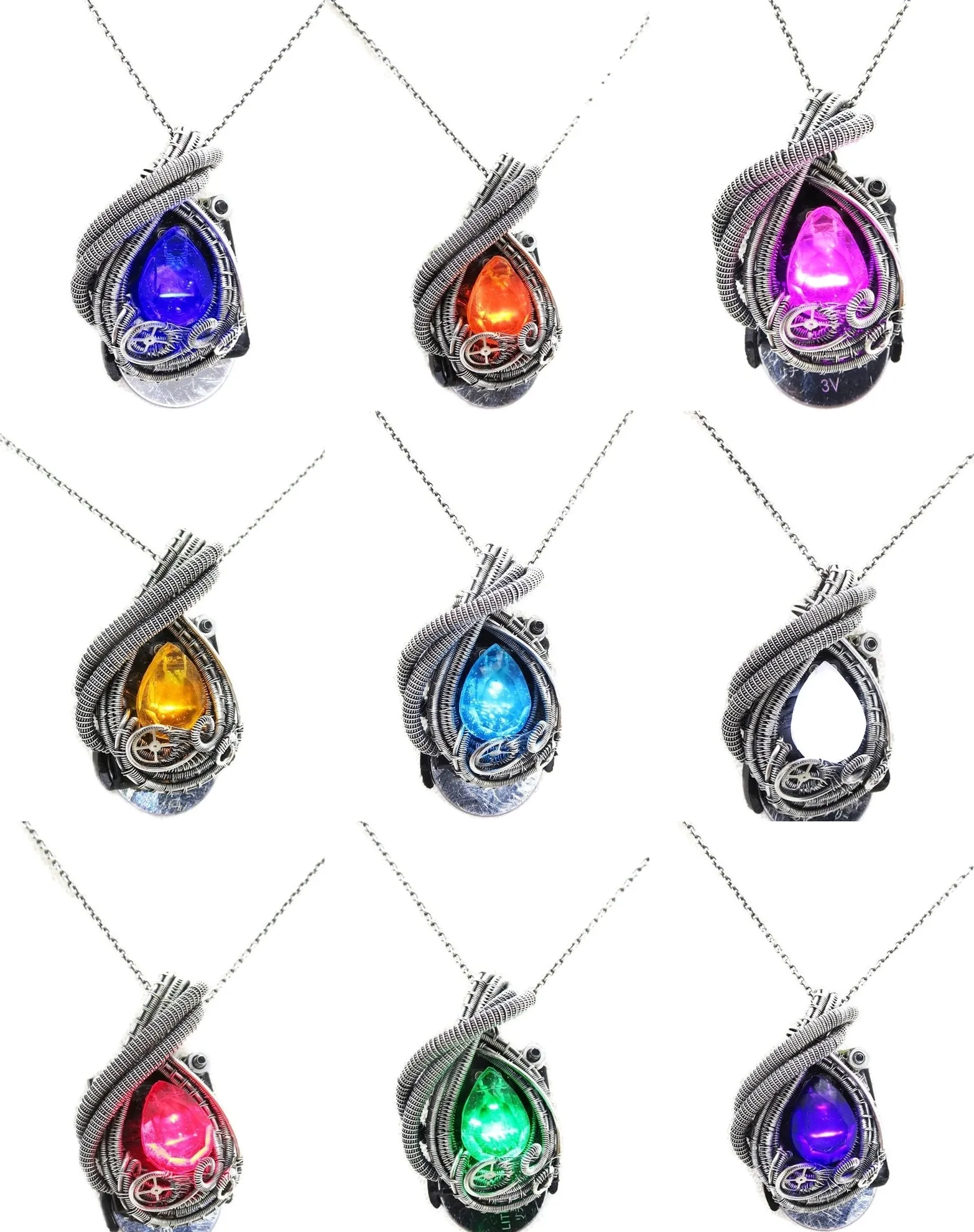Custom Color Steampunk Resin Gem LED Pendant in Sterling Silver