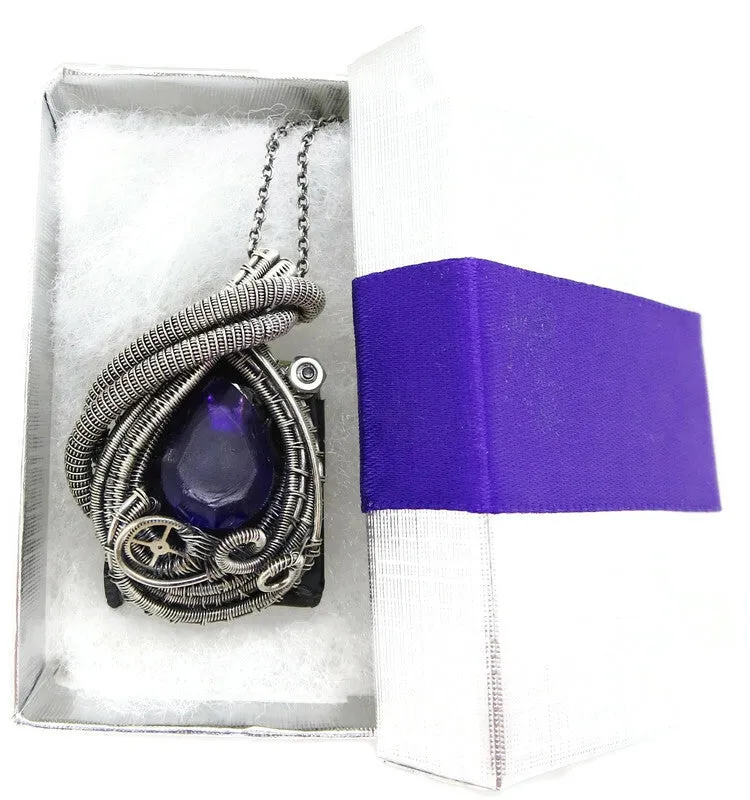 Custom Color Steampunk Resin Gem LED Pendant in Sterling Silver