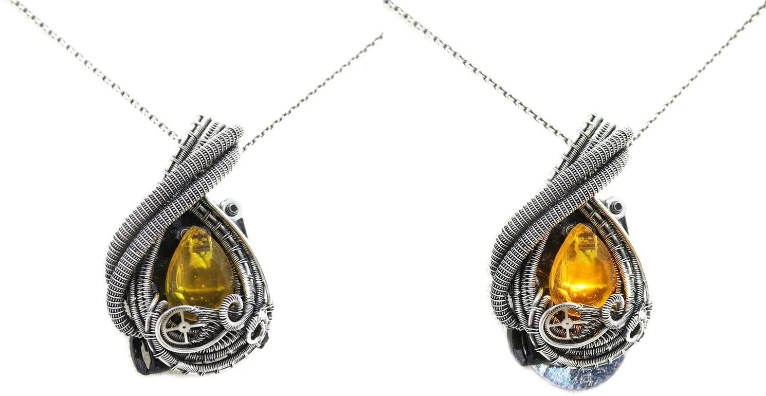 Custom Color Steampunk Resin Gem LED Pendant in Sterling Silver