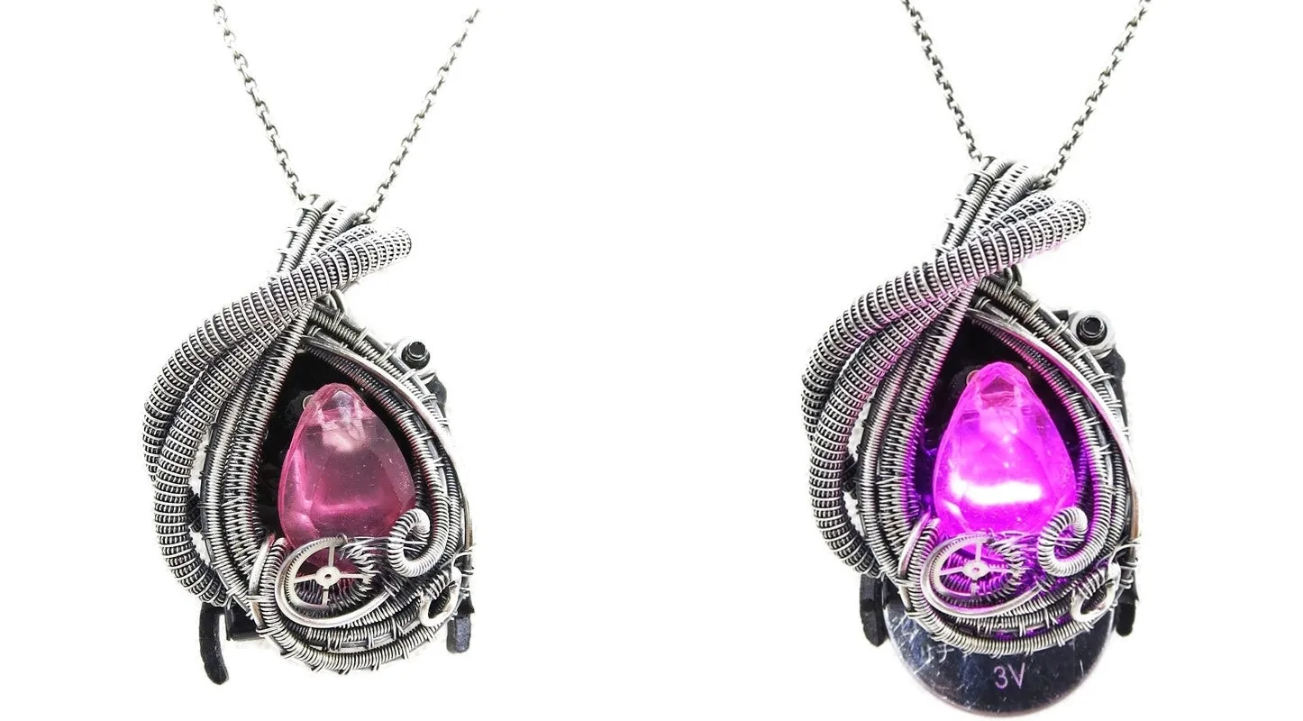 Custom Color Steampunk Resin Gem LED Pendant in Sterling Silver