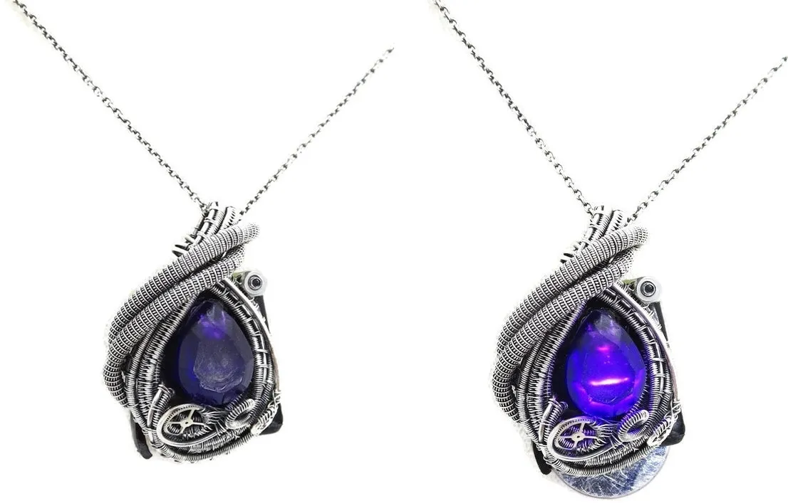 Custom Color Steampunk Resin Gem LED Pendant in Sterling Silver