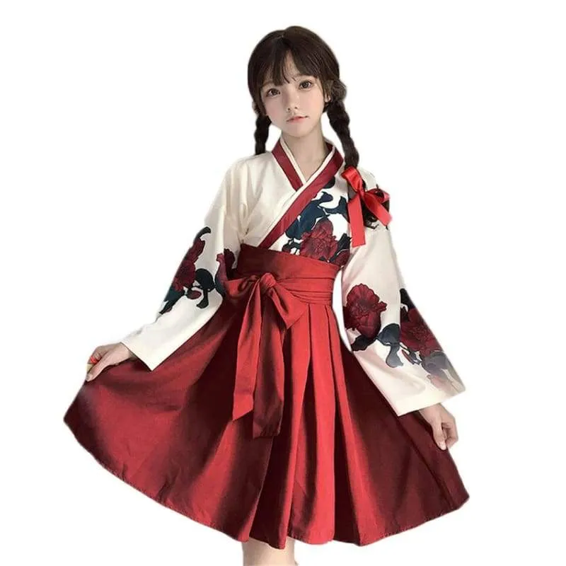 Cute Japanese Girls' Summer Yukata - Long Sleeve Floral Top   Skirt