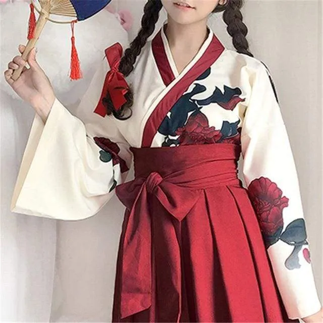 Cute Japanese Girls' Summer Yukata - Long Sleeve Floral Top   Skirt
