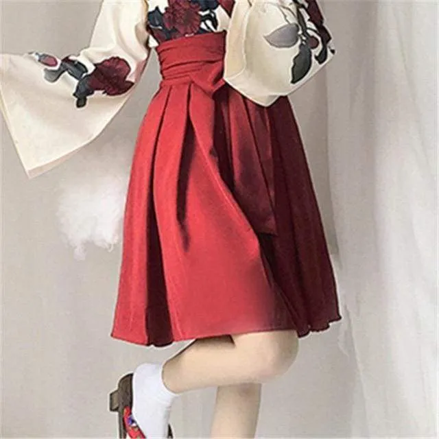 Cute Japanese Girls' Summer Yukata - Long Sleeve Floral Top   Skirt