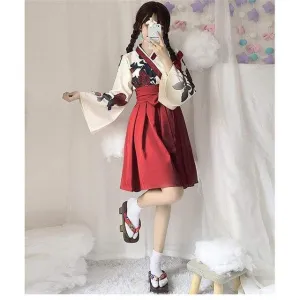 Cute Japanese Girls' Summer Yukata - Long Sleeve Floral Top   Skirt