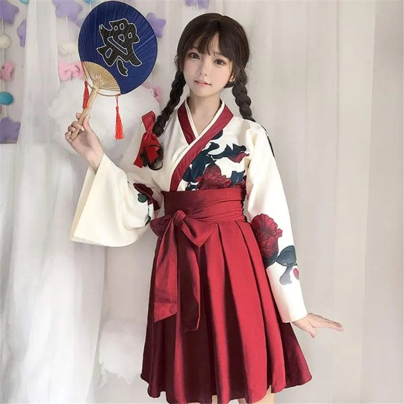 Cute Japanese Girls' Summer Yukata - Long Sleeve Floral Top   Skirt