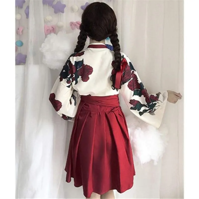 Cute Japanese Girls' Summer Yukata - Long Sleeve Floral Top   Skirt