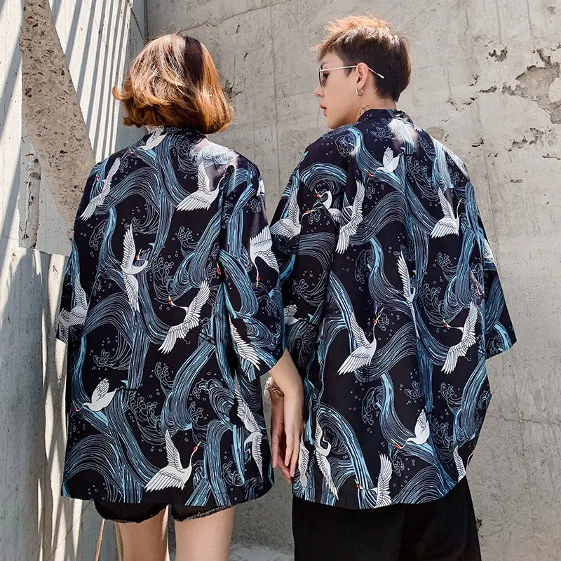 Dark and Stormy Ukiyo-e Crane Kimono Shirt