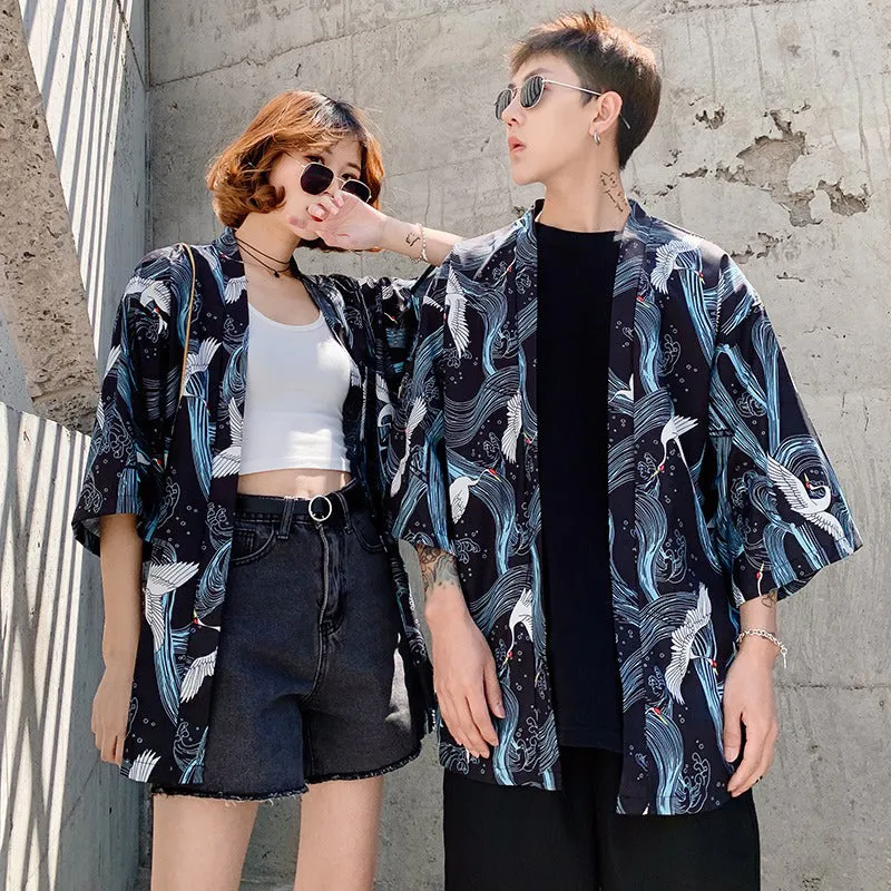 Dark and Stormy Ukiyo-e Crane Kimono Shirt