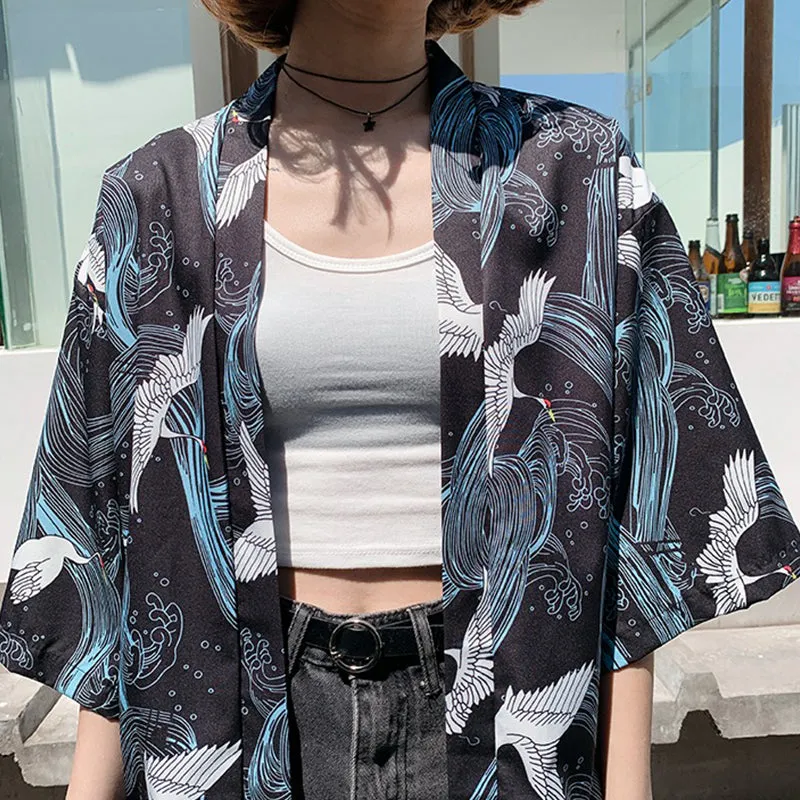 Dark and Stormy Ukiyo-e Crane Kimono Shirt
