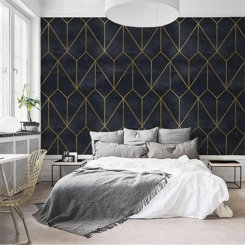 Dark Gold Art deco Watercolor Geometric Wallpaper