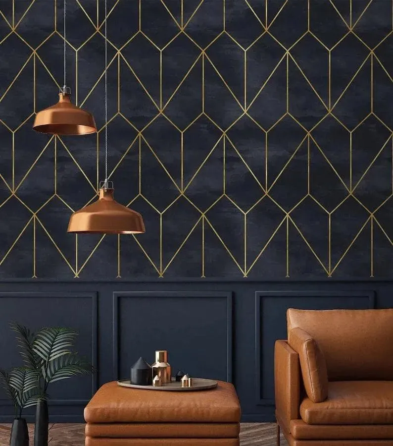 Dark Gold Art deco Watercolor Geometric Wallpaper