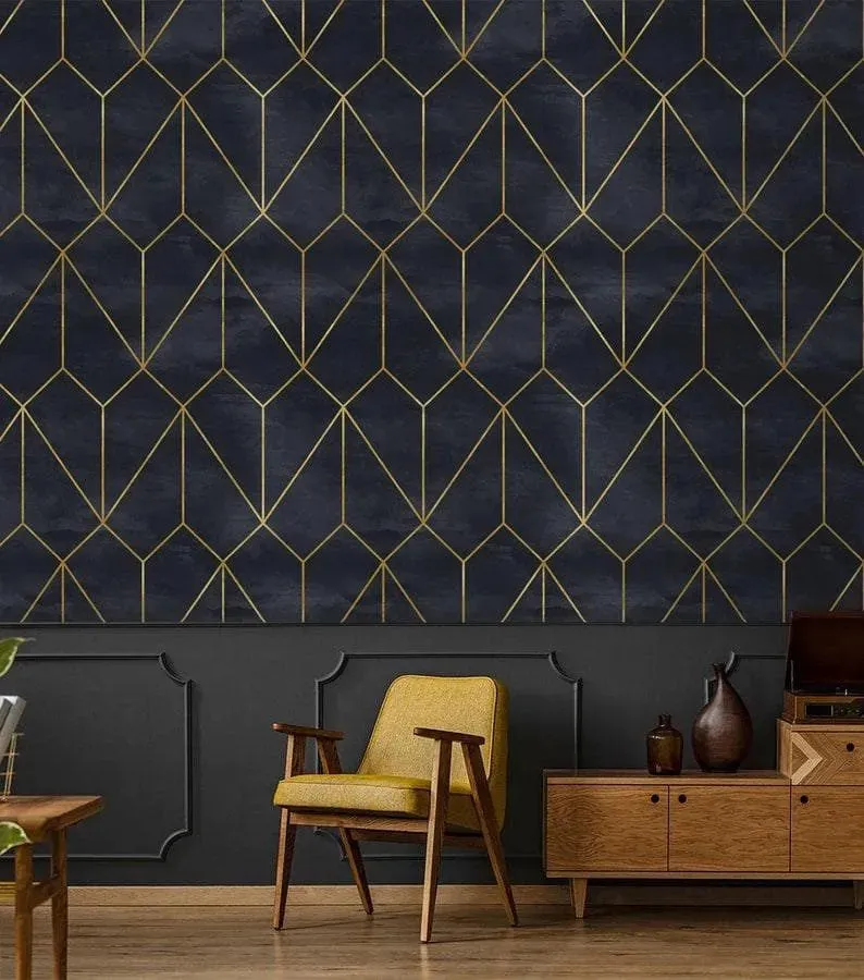 Dark Gold Art deco Watercolor Geometric Wallpaper
