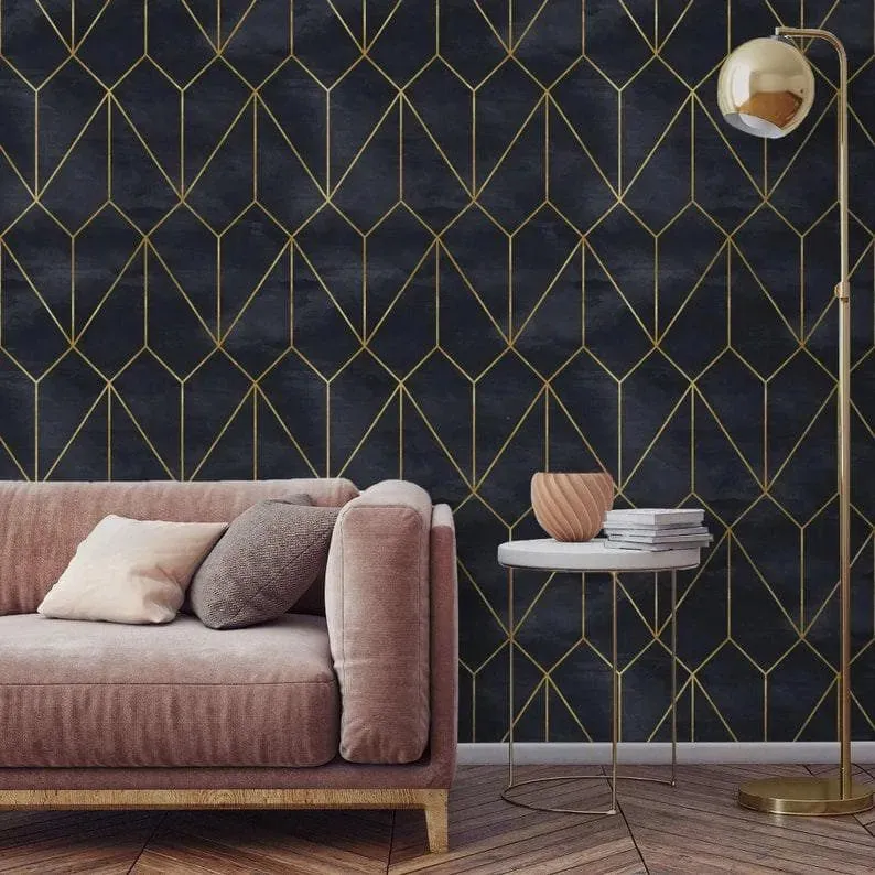 Dark Gold Art deco Watercolor Geometric Wallpaper