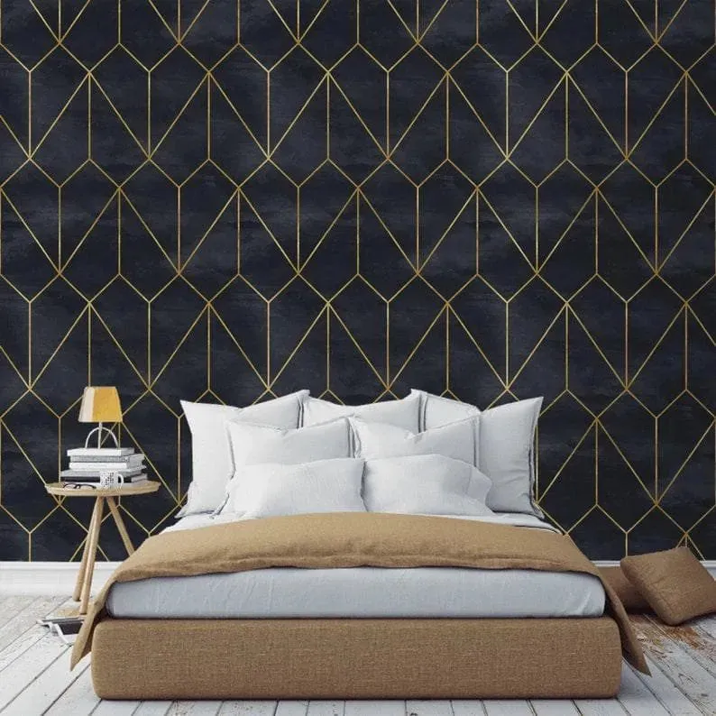 Dark Gold Art deco Watercolor Geometric Wallpaper
