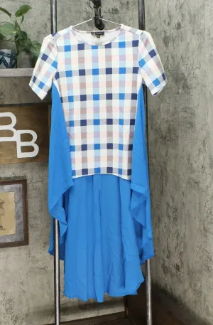 DG2 by Diane Gilman Dramatic Hi Low Printed Crepe Colorblock Tops Blue XS