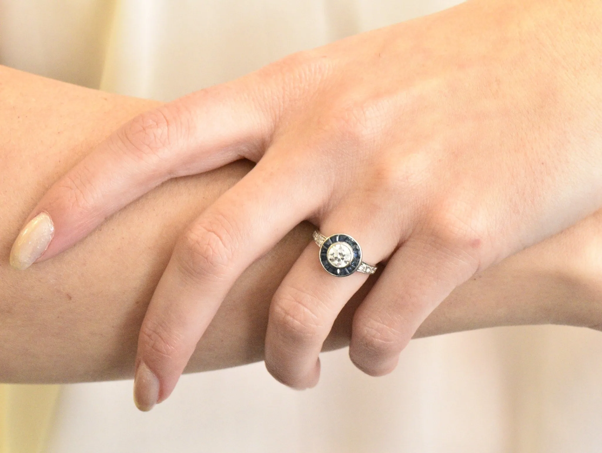Distinct Art Deco Diamond Sapphire Platinum Engagement Ring