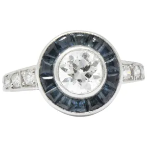 Distinct Art Deco Diamond Sapphire Platinum Engagement Ring