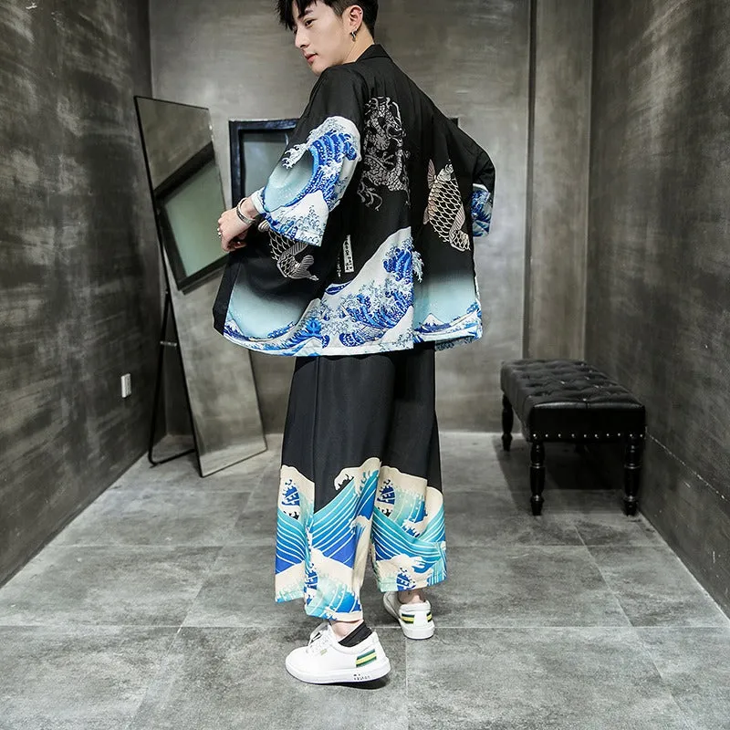 Dragon Koi Unisex Black Kimono Set