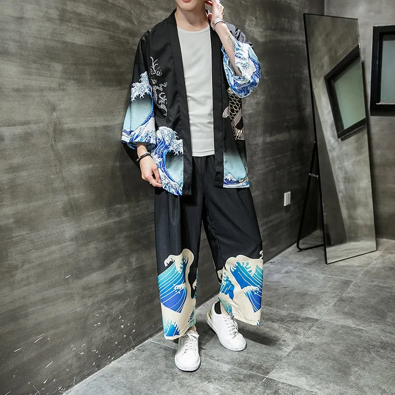 Dragon Koi Unisex Black Kimono Set
