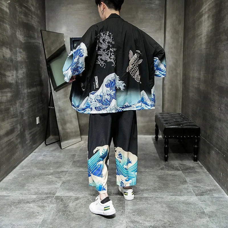 Dragon Koi Unisex Black Kimono Set