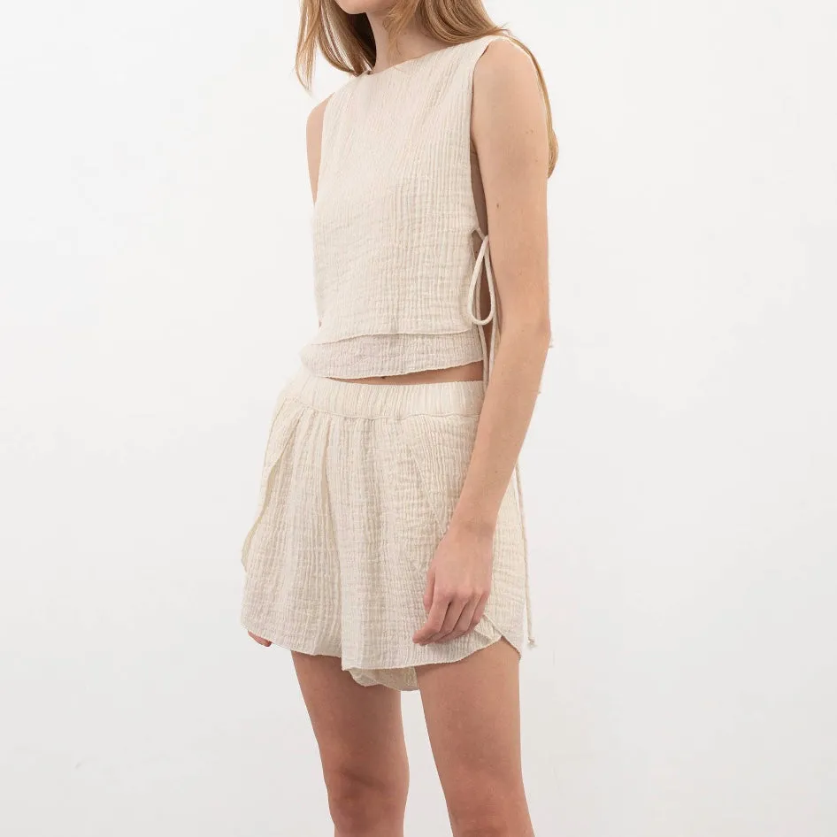 Elle Side Ties Top Natural with Gold Pinstripes