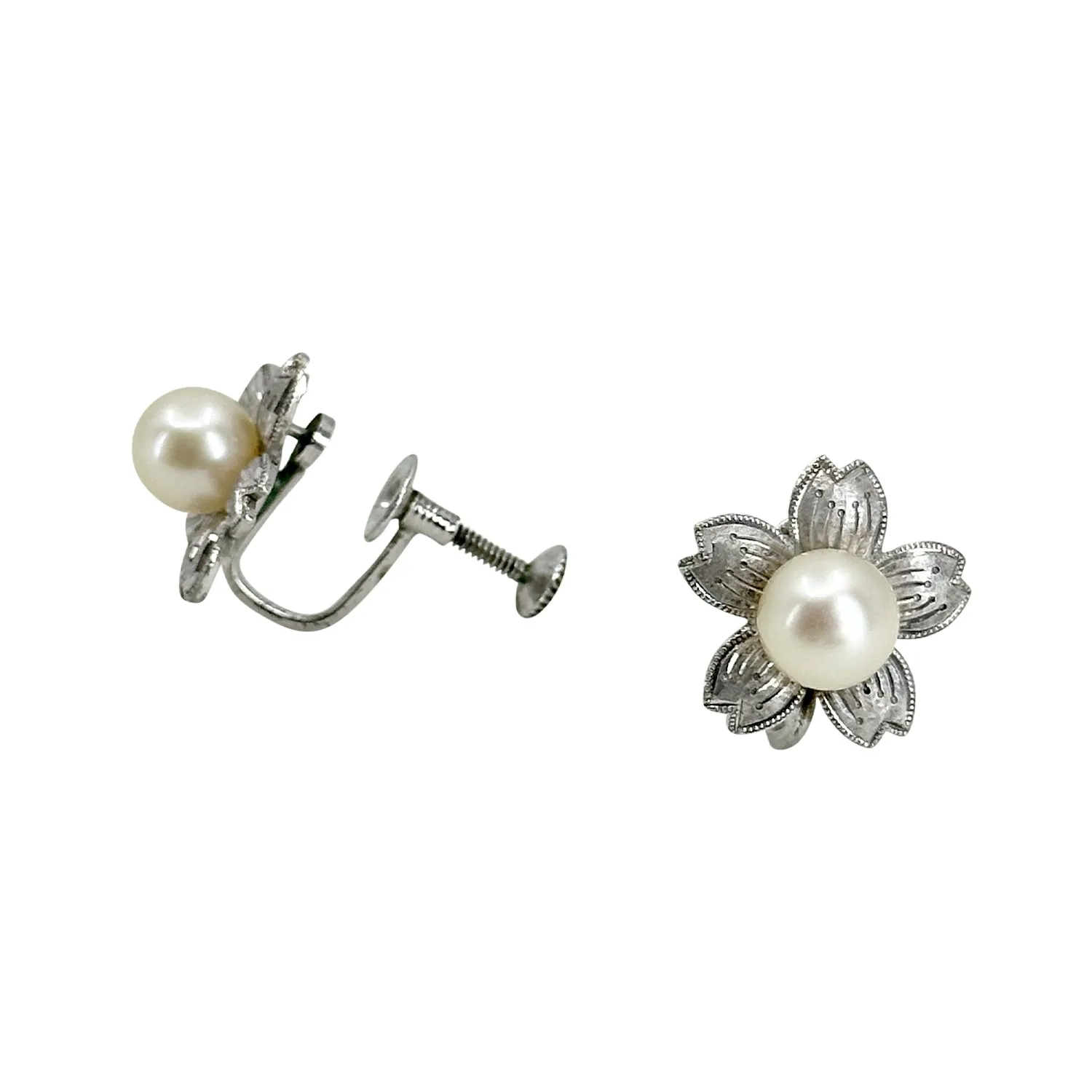Engraved Sakura Cherry Blossom Japanese Akoya Saltwater Cultured Pearl Screwback Earrings- Sterling Silver