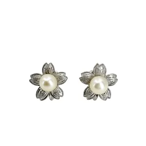 Engraved Sakura Cherry Blossom Japanese Akoya Saltwater Cultured Pearl Screwback Earrings- Sterling Silver