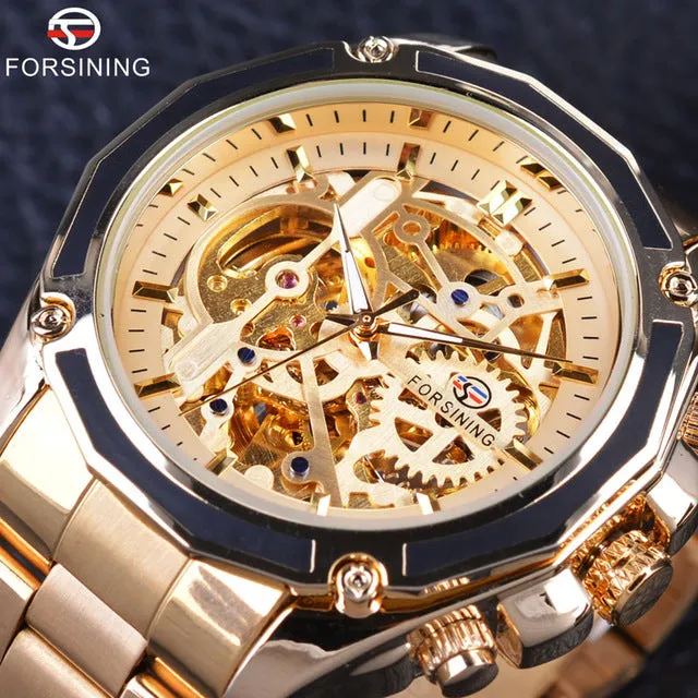 Forsining Steampunk Gear Transparent Case Gold