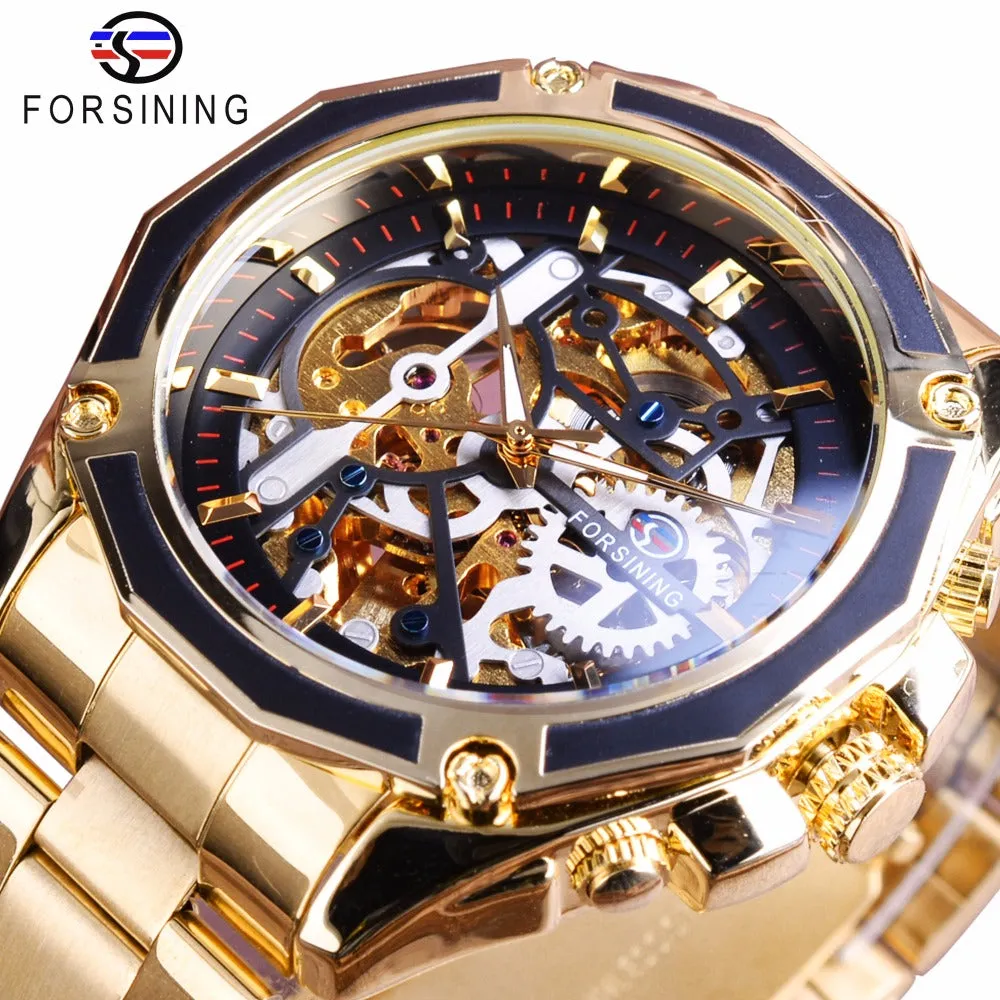 Forsining Steampunk Gear Transparent Case Gold