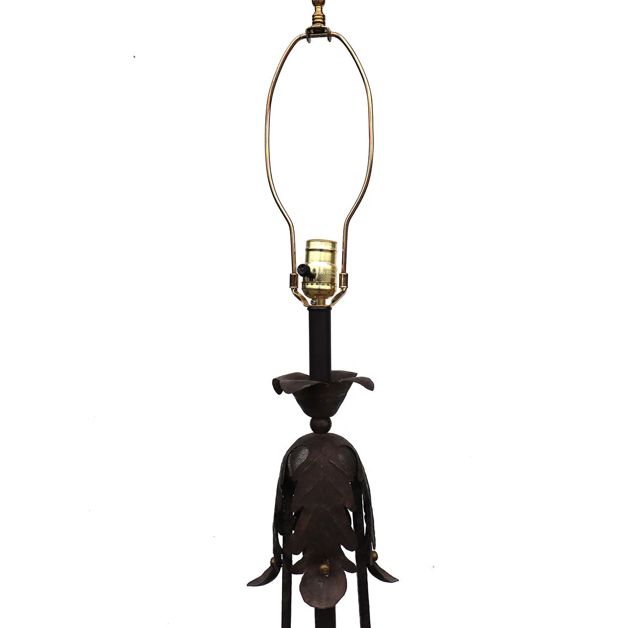 French Art Deco Wrought Iron, Brass and Wood One-Light Floor Lamp