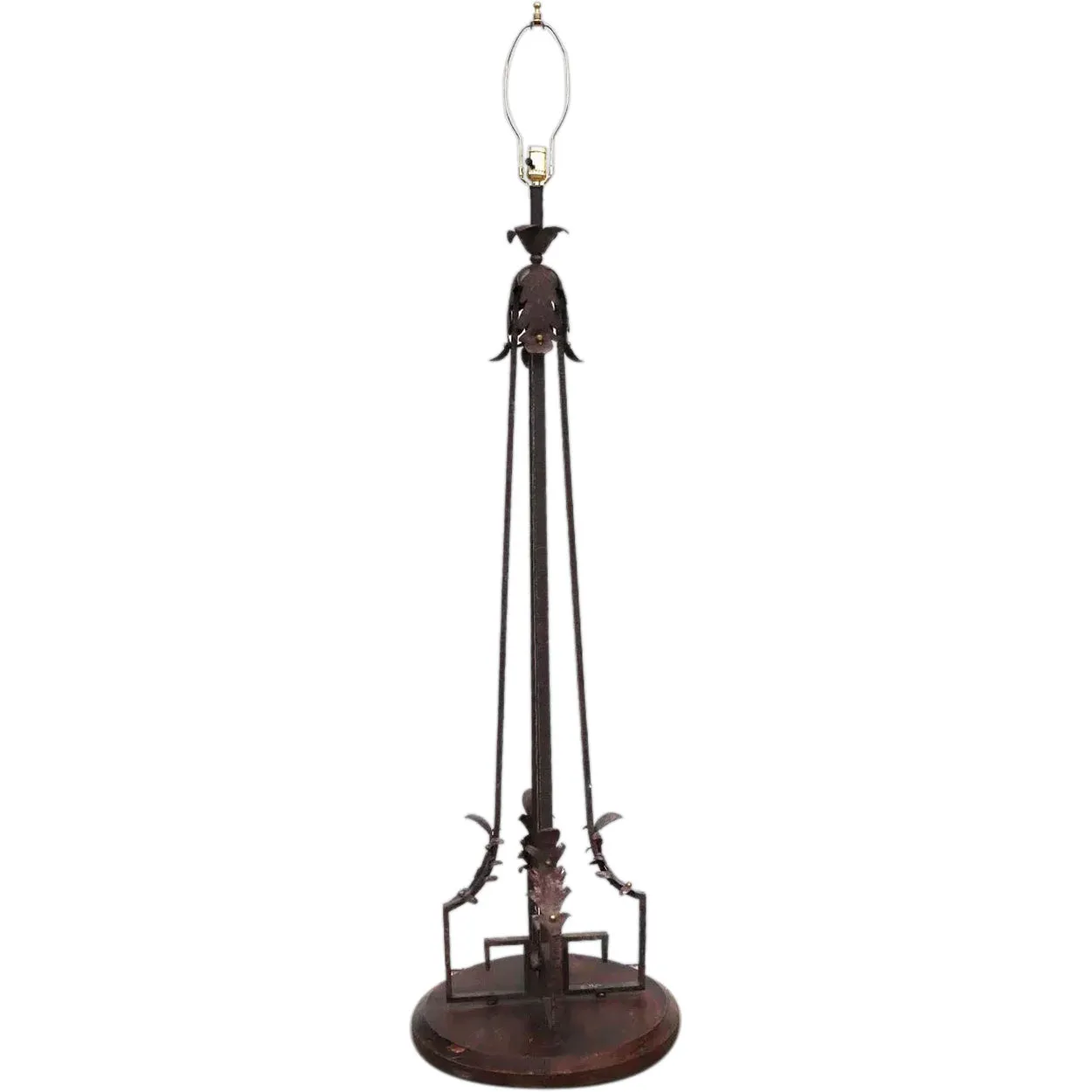 French Art Deco Wrought Iron, Brass and Wood One-Light Floor Lamp