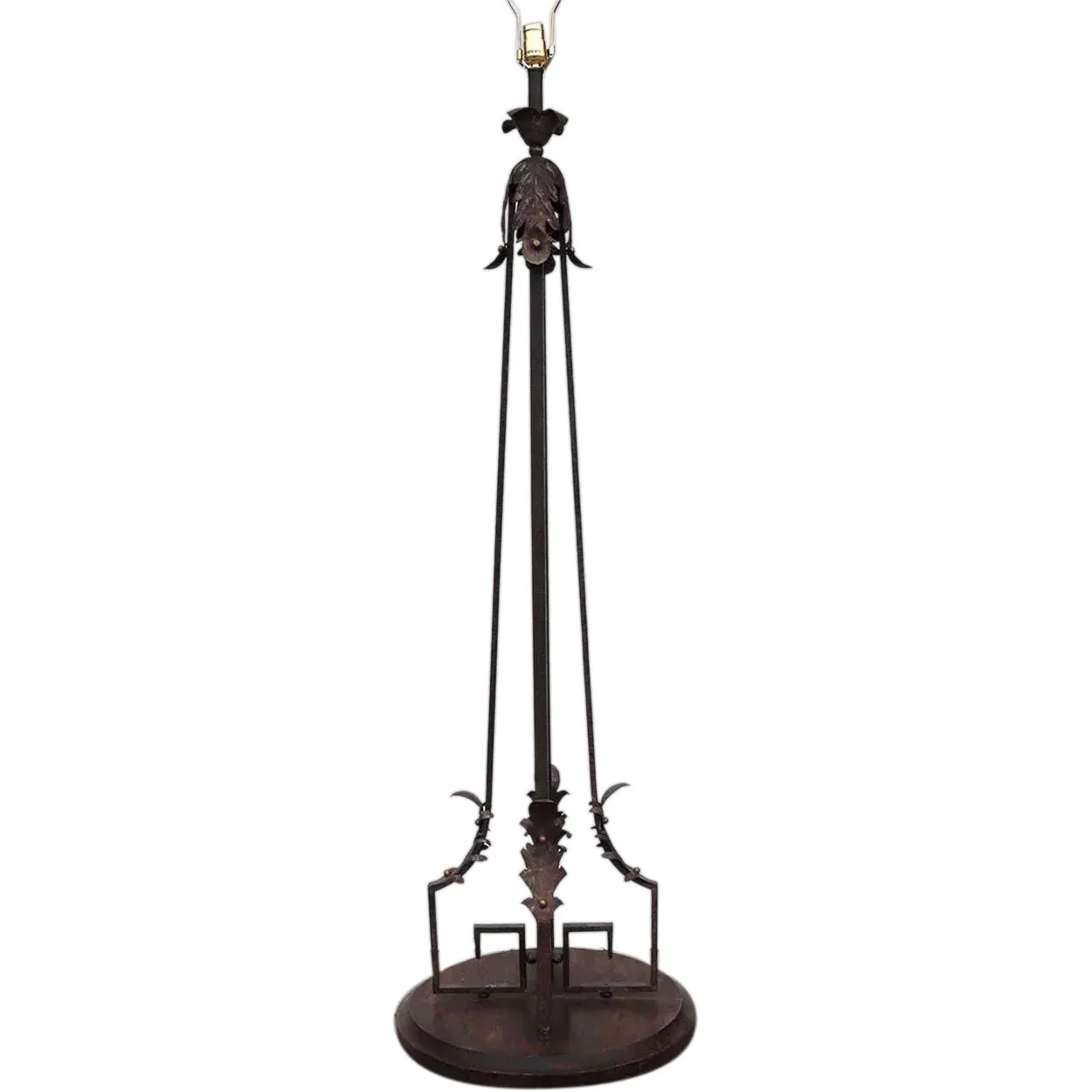 French Art Deco Wrought Iron, Brass and Wood One-Light Floor Lamp