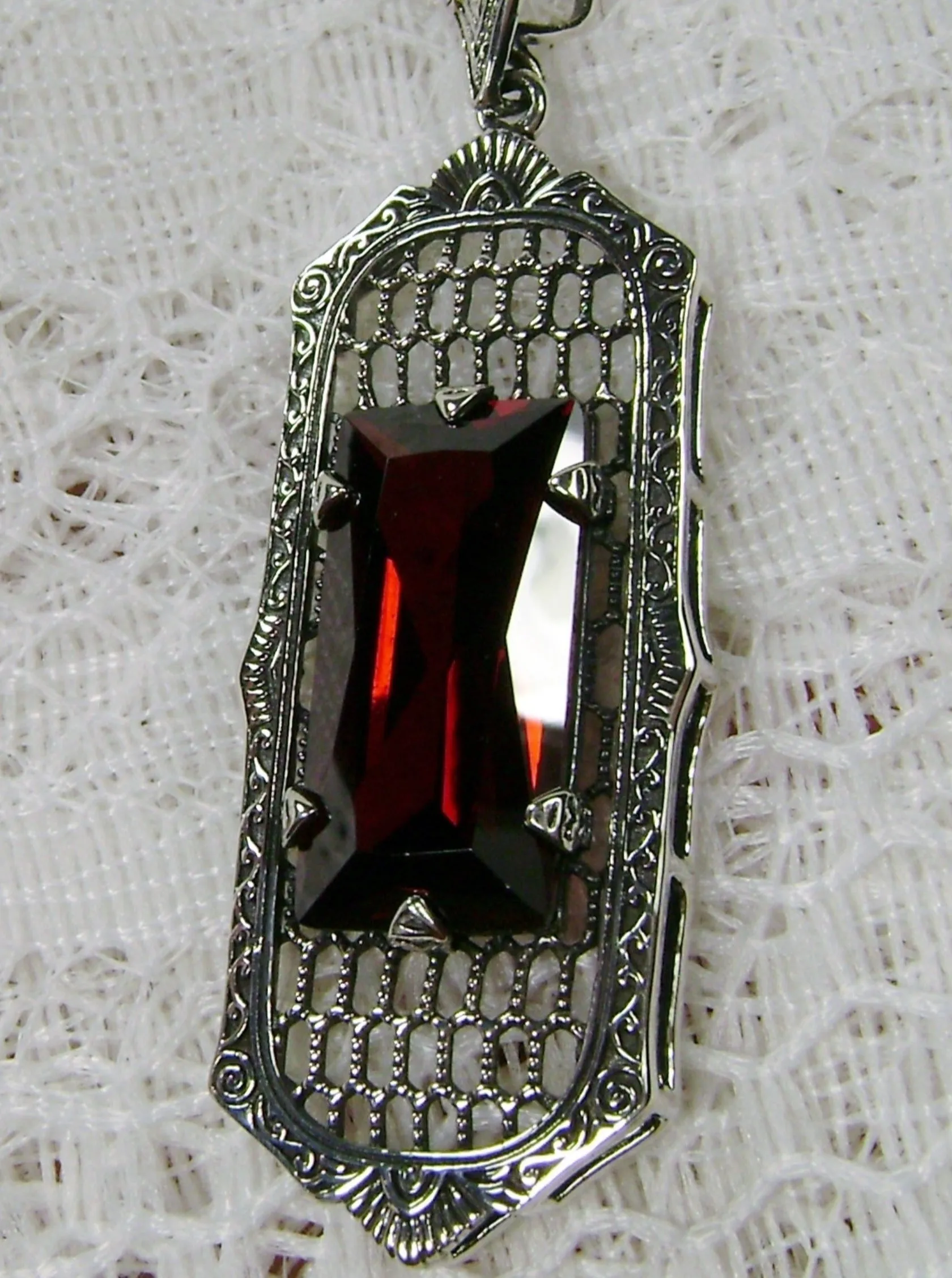 Garnet CZ Art Deco Pendant, Baguette Gem, 1930s Reproduction Jewelry, Baguette P16