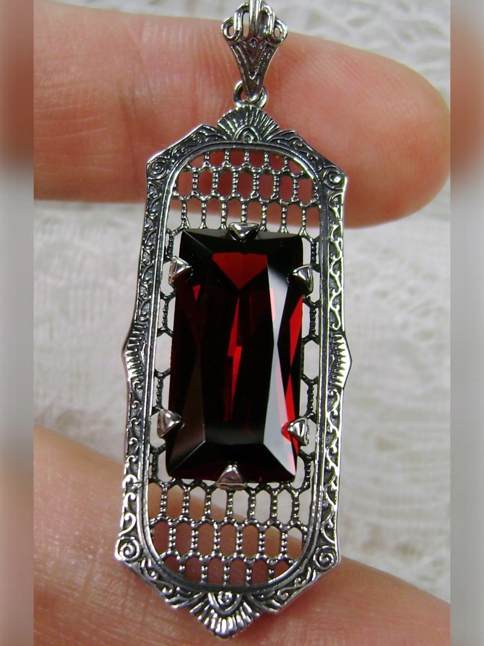 Garnet CZ Art Deco Pendant, Baguette Gem, 1930s Reproduction Jewelry, Baguette P16