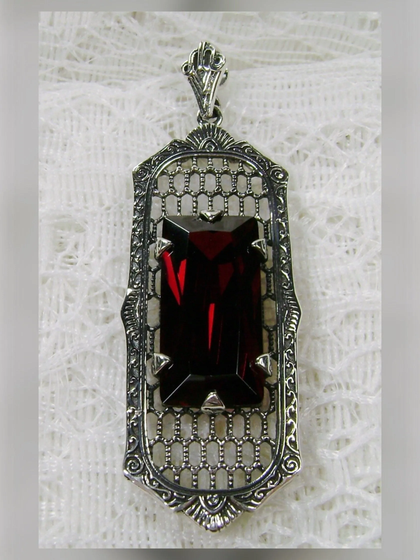 Garnet CZ Art Deco Pendant, Baguette Gem, 1930s Reproduction Jewelry, Baguette P16