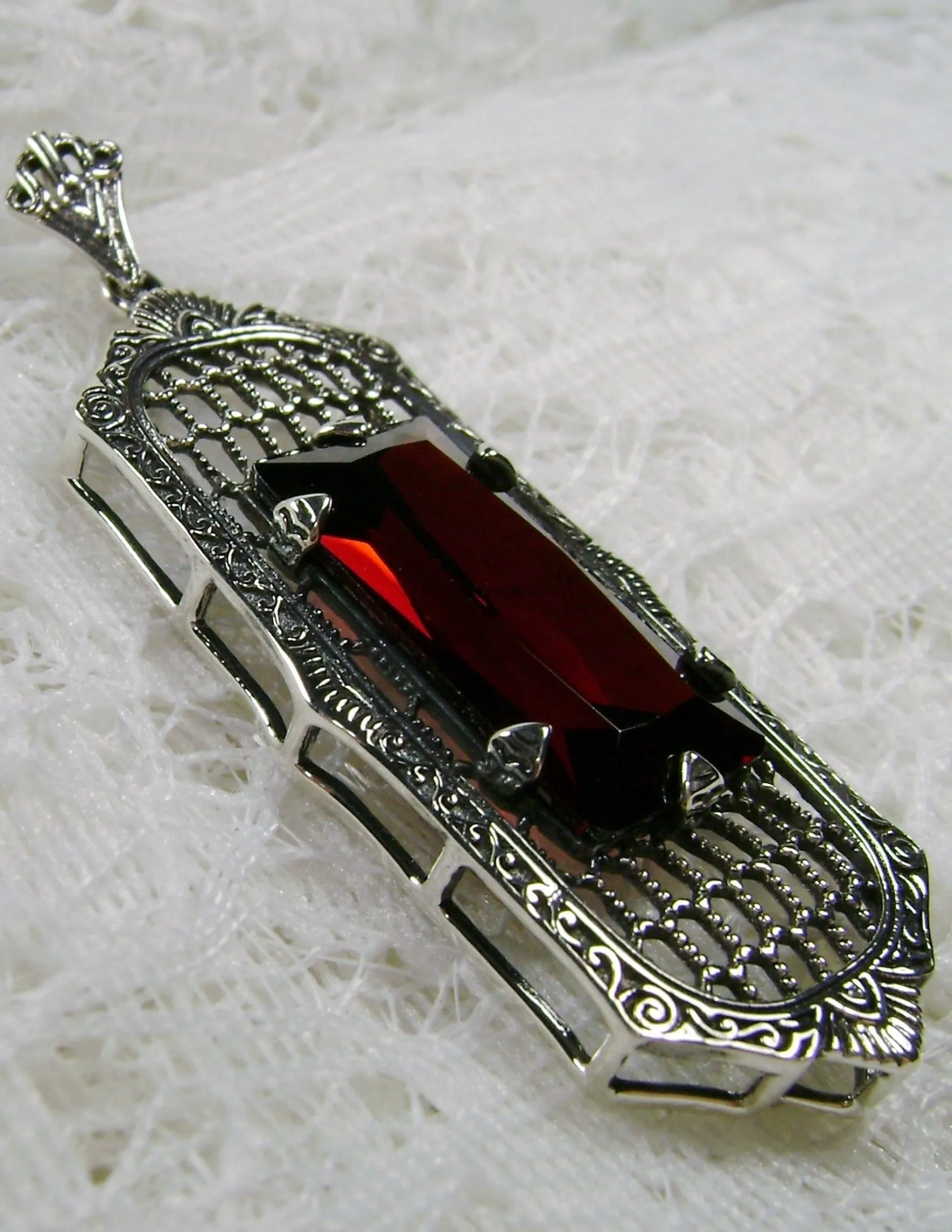Garnet CZ Art Deco Pendant, Baguette Gem, 1930s Reproduction Jewelry, Baguette P16