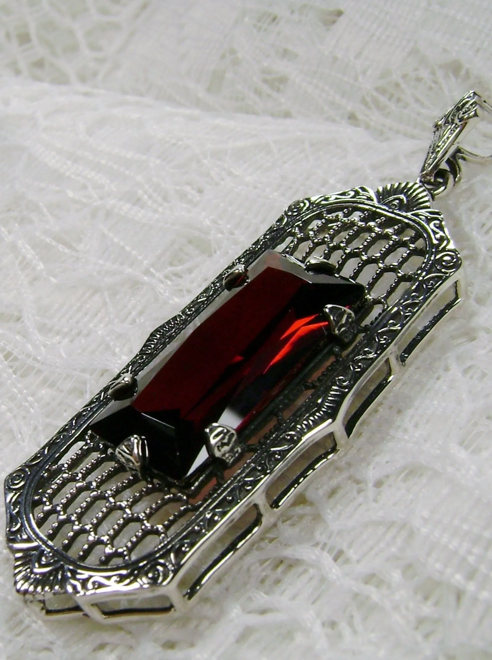 Garnet CZ Art Deco Pendant, Baguette Gem, 1930s Reproduction Jewelry, Baguette P16