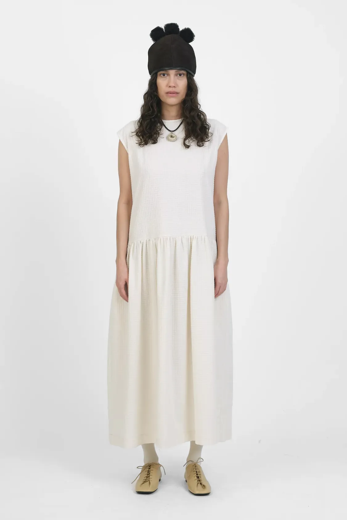 Gathered Isabella Dress in Ecru Japanese Waffle Cotton