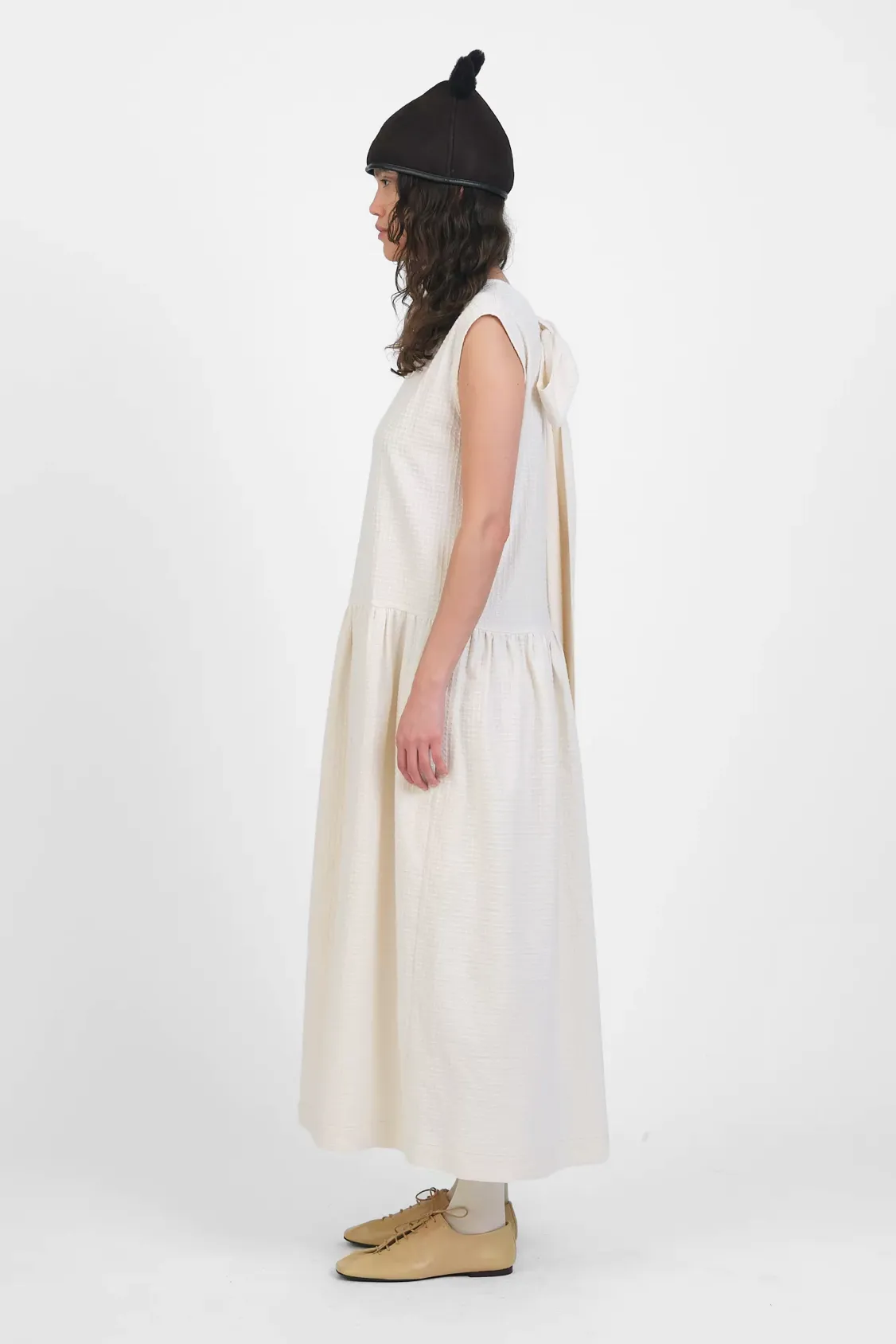 Gathered Isabella Dress in Ecru Japanese Waffle Cotton