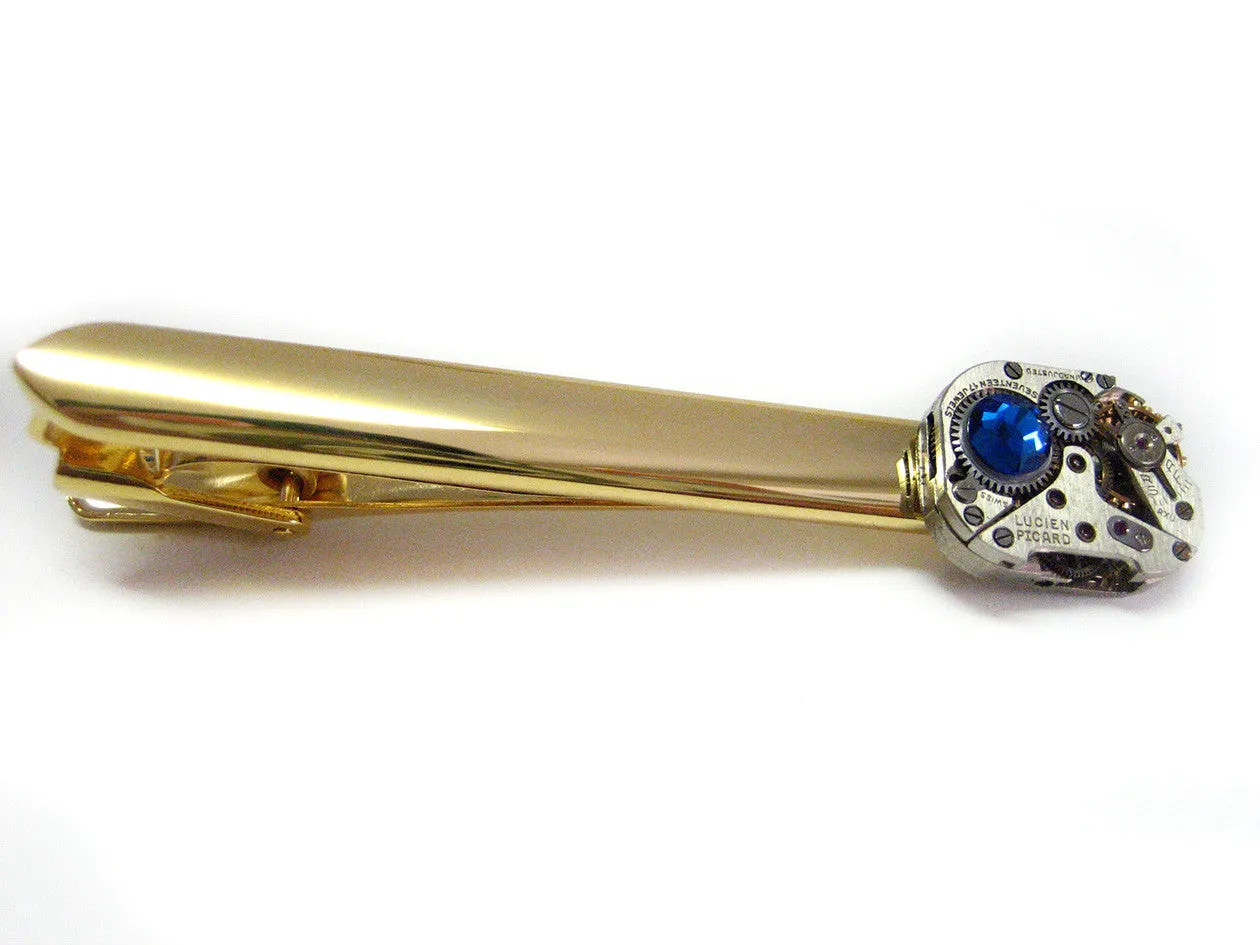 Gold Plated Steampunk Watch Gear Tie Clip with Blue Swarovski Crystals