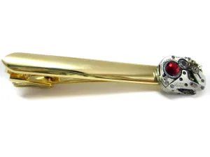 Gold Plated Steampunk Watch Gear Tie Clip with Red Swarovski Crystals