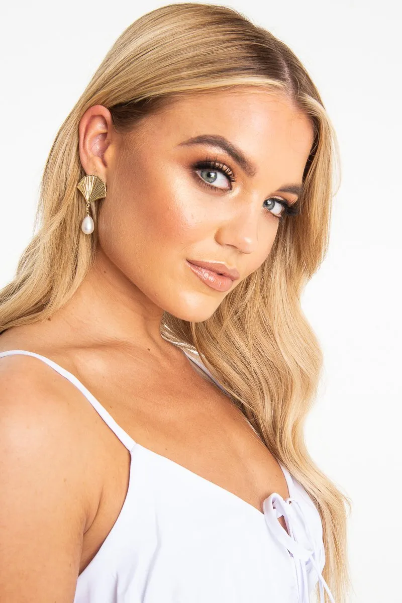 Gold Shell Detail Pearl Drop Earrings - Magdelena