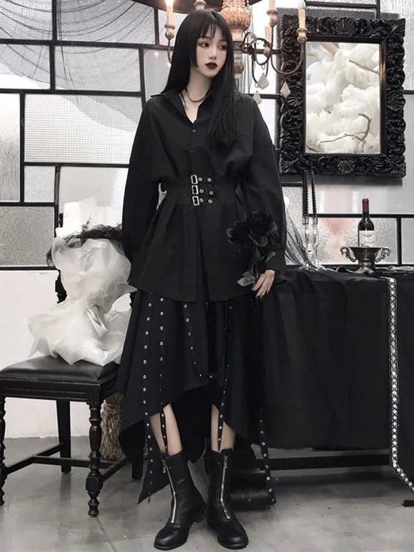 Gothic Lolita Blouses Black Long Sleeves Grommets Metallic Lolita Shirt