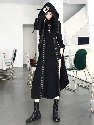 Gothic Lolita Cardigan Black Polyester Metallic Pattern Long Sleeves Hooded Overcoat