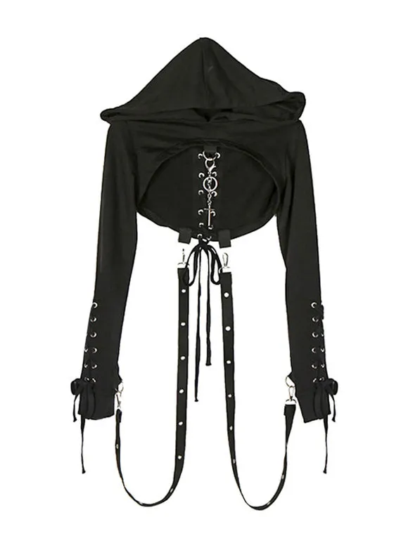 Gothic Lolita Cardigan Black Polyester Metallic Pattern Long Sleeves Hooded Overcoat