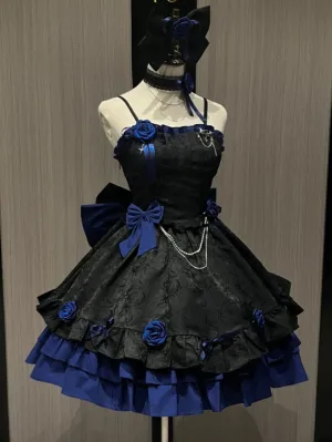Gothic Lolita Dresses Rose Ruffles Jacquard Blue Blue