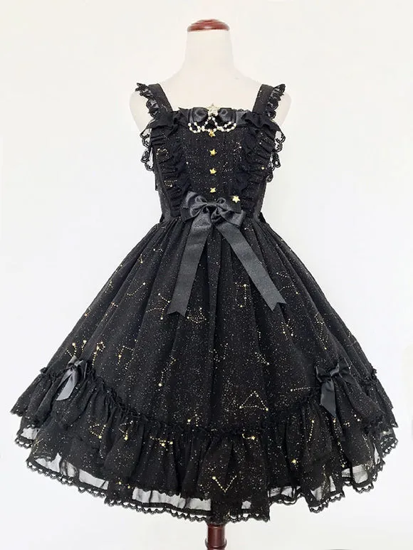 Gothic Lolita Dresses Ruffles Bows Stars Print Black Black