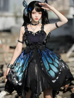 Gothic Lolita JSK Dress Blue Sleeveless Lace Up Ruffles Bow Butterfly Pattern Polyester Casual Lolita Jumper Skirt