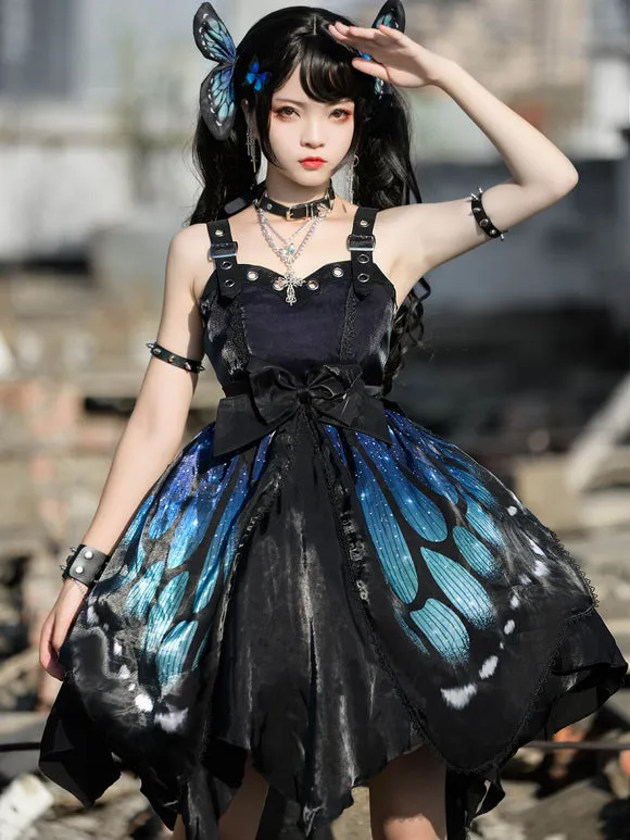 Gothic Lolita JSK Dress Blue Sleeveless Lace Up Ruffles Bow Butterfly Pattern Polyester Casual Lolita Jumper Skirt